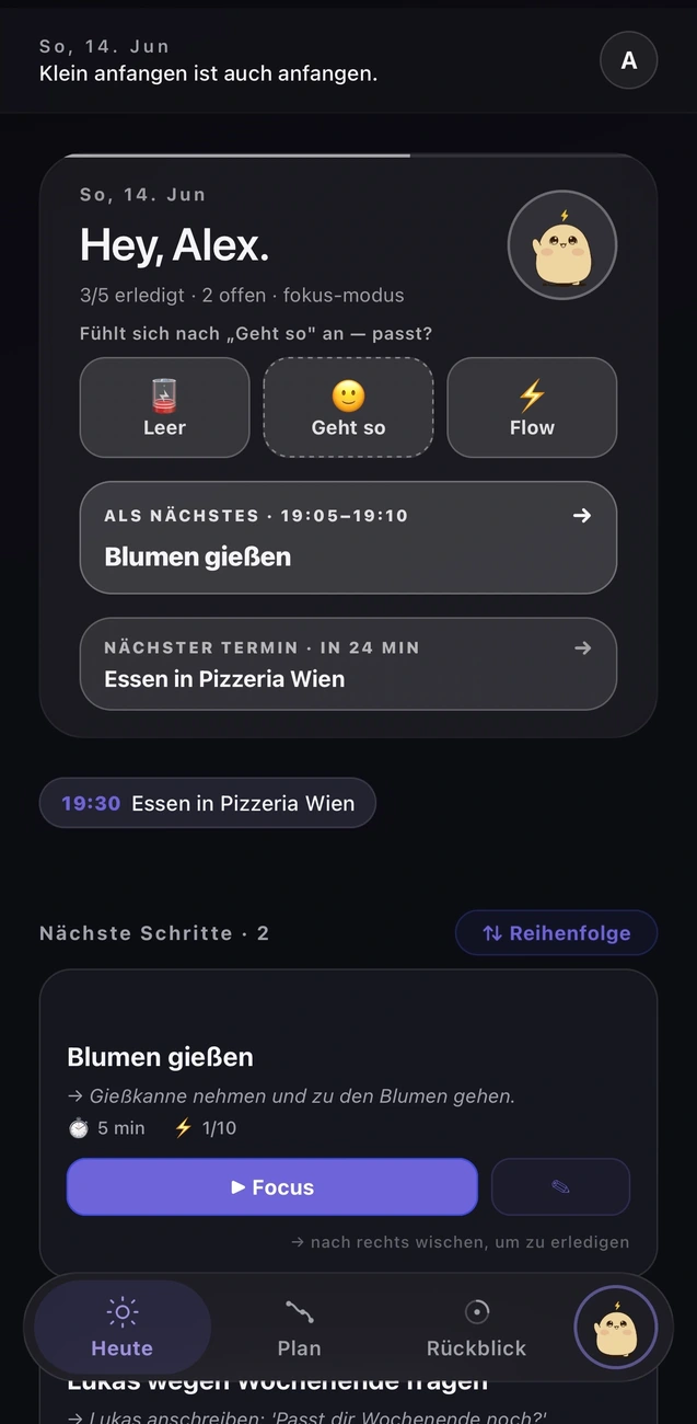 Der Heute-Tab von Noggy mit dem Tag auf einen Blick