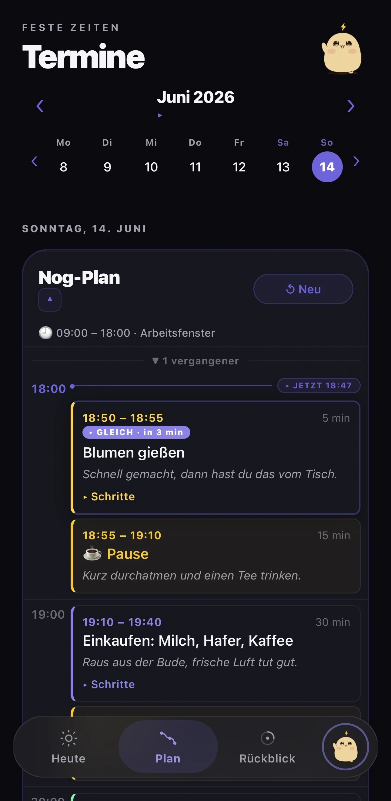 Noggys Tagesplan mit Terminen und nach Energie sortierten Aufgaben